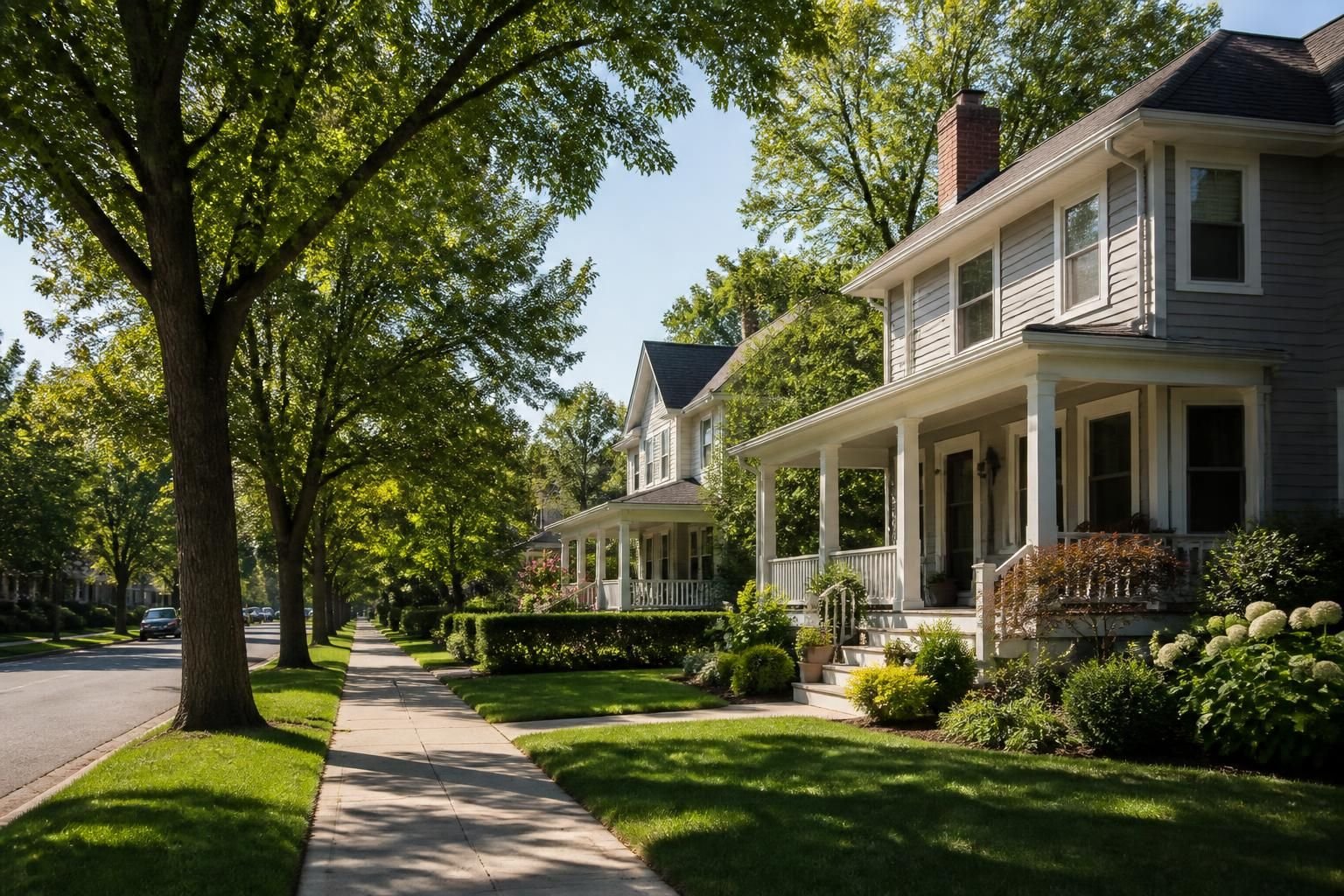 Calm residential neighborhood with mature trees and tidy houses.