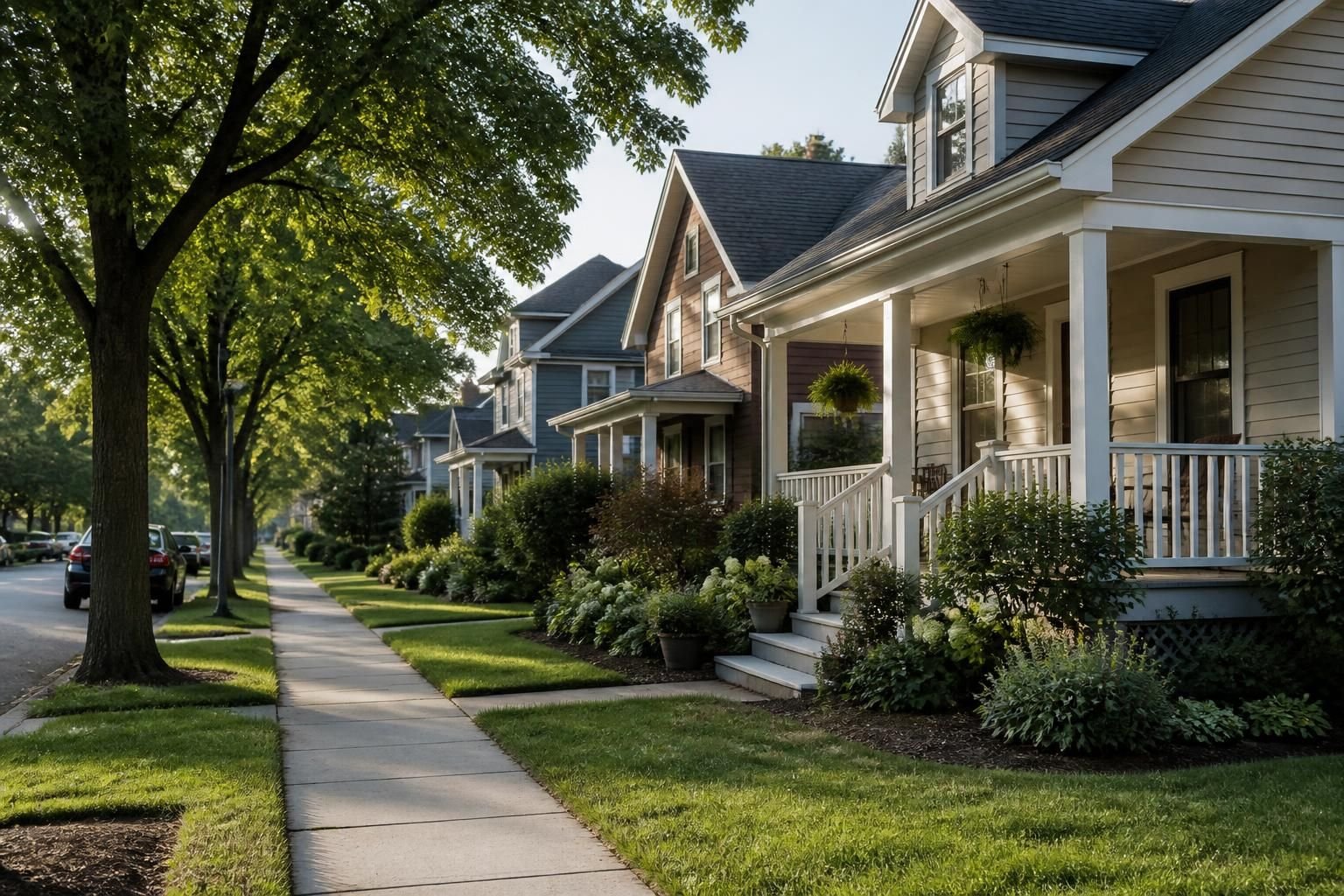 Neighborhood streetscape with clean sidewalks and modest homes.