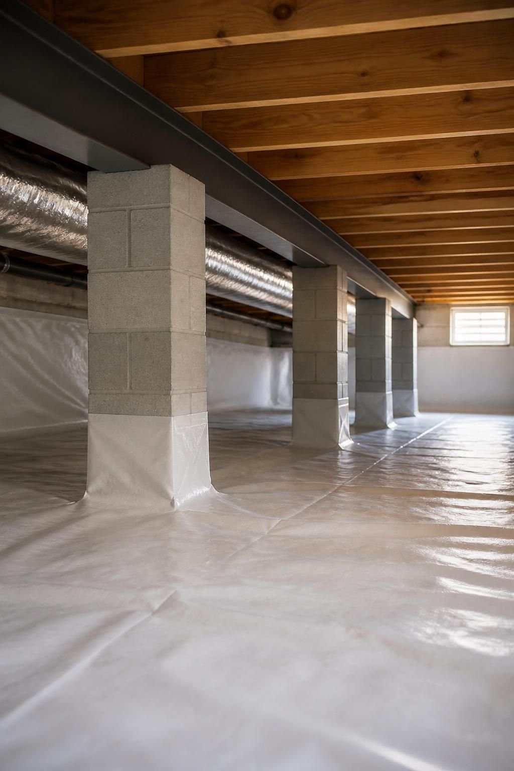 Clean crawl space with finished support piers and structural repairs.