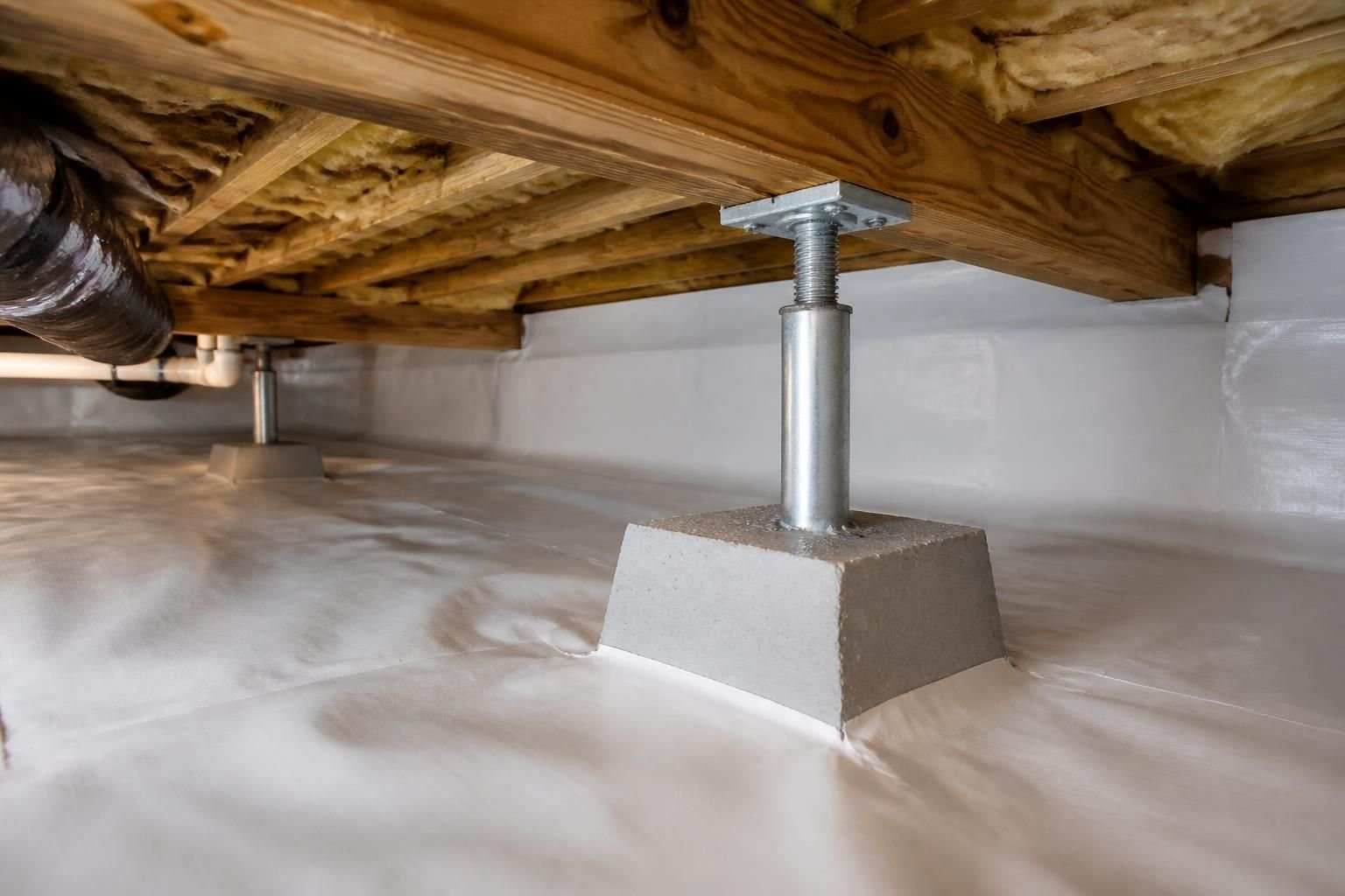 Clean repaired crawl space with improved structural support.
