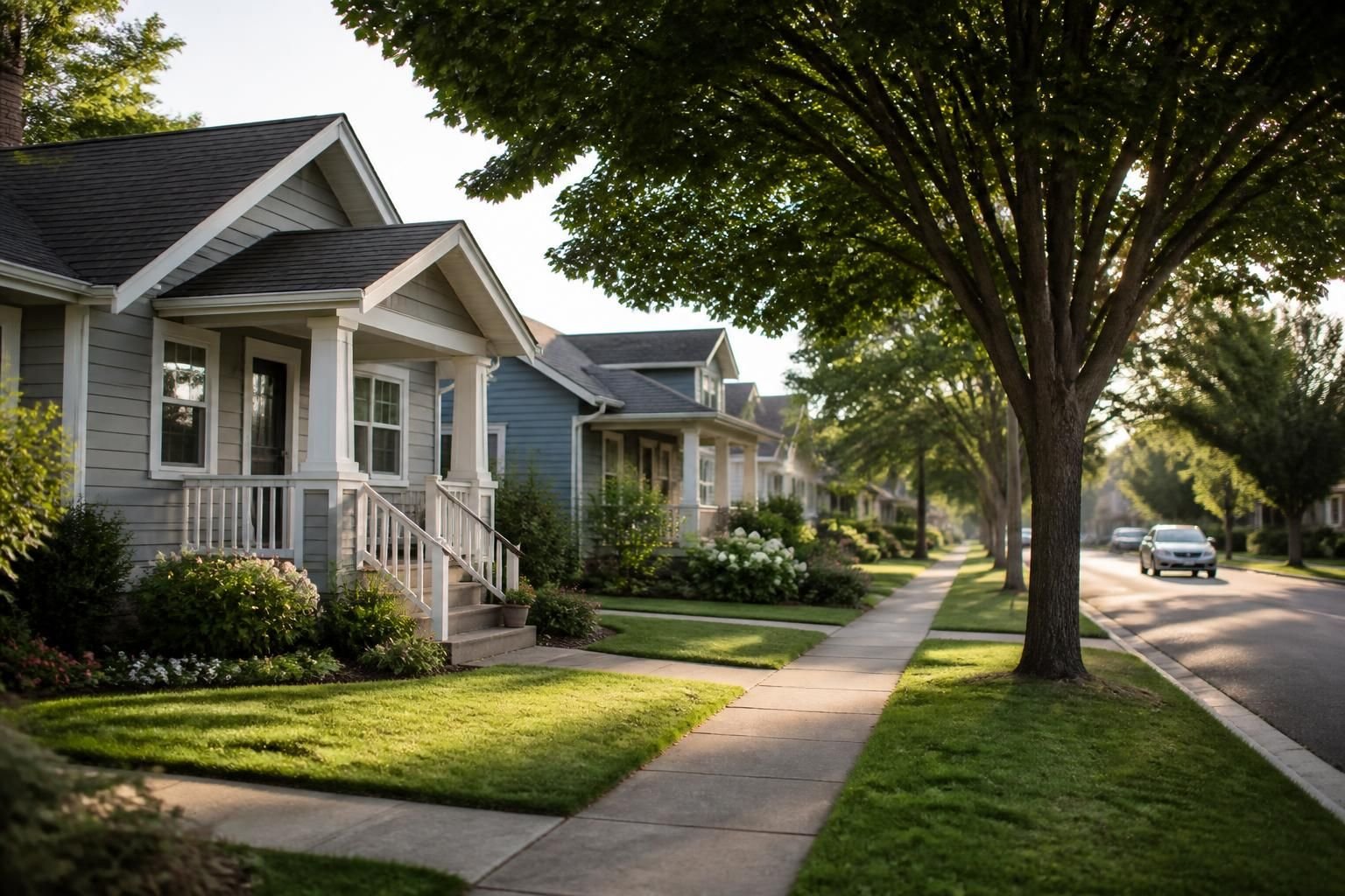 Quiet neighborhood with maintained homes and streets.