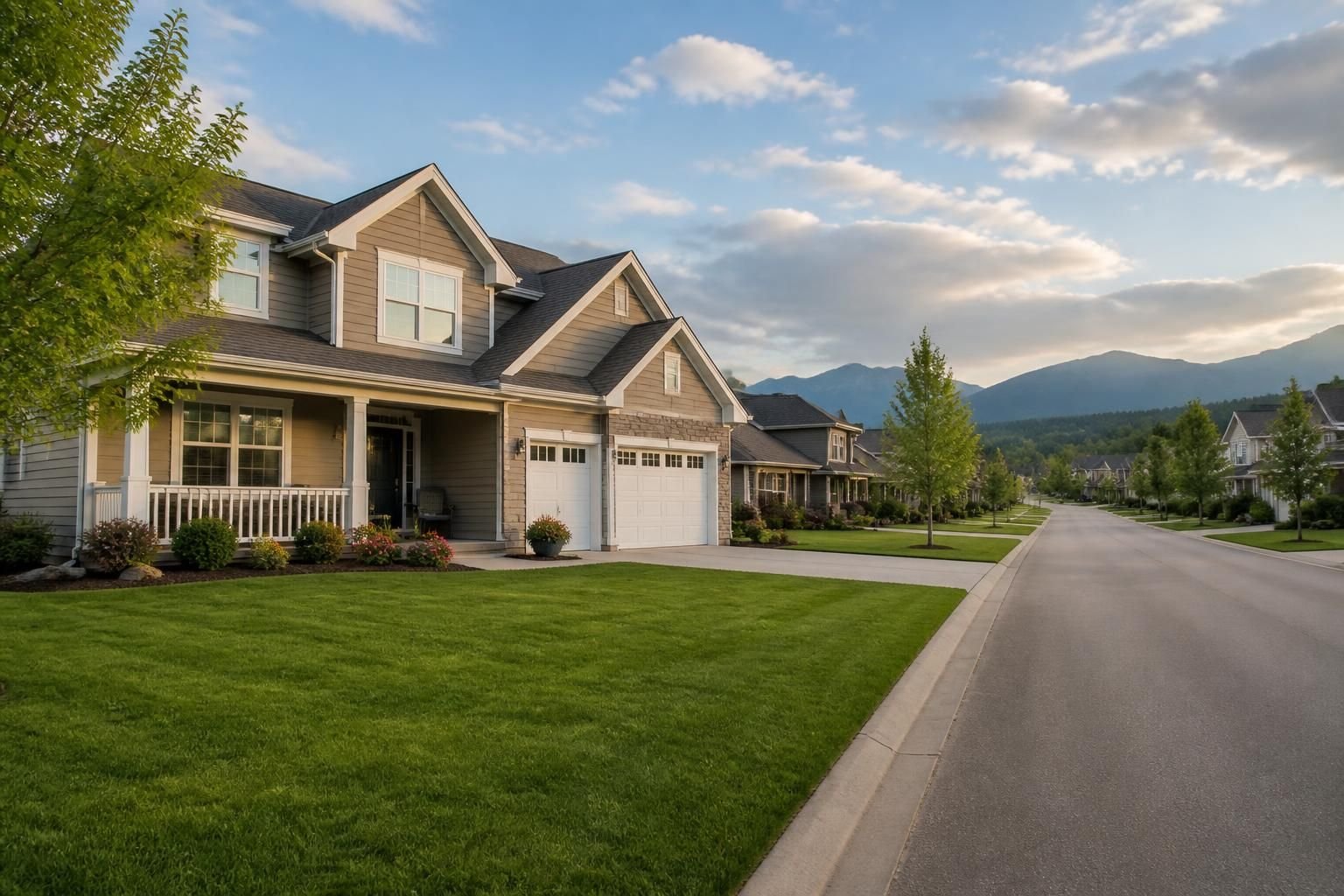 Residential area with open yards and tidy homes.