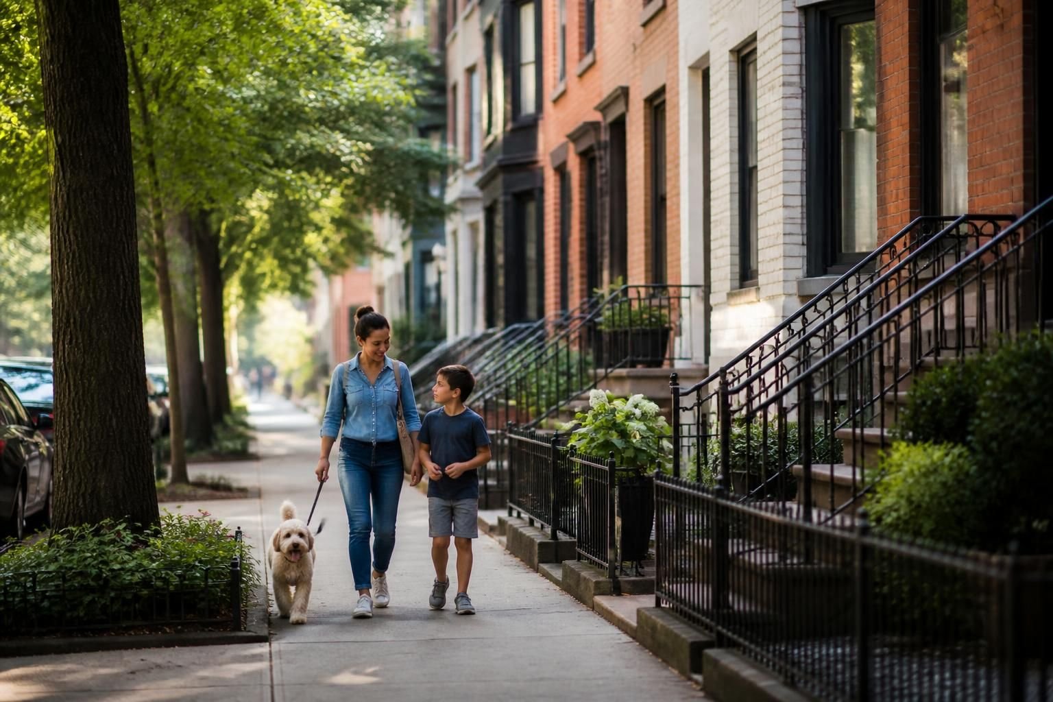 Urban neighborhood streetscape with clean homes.