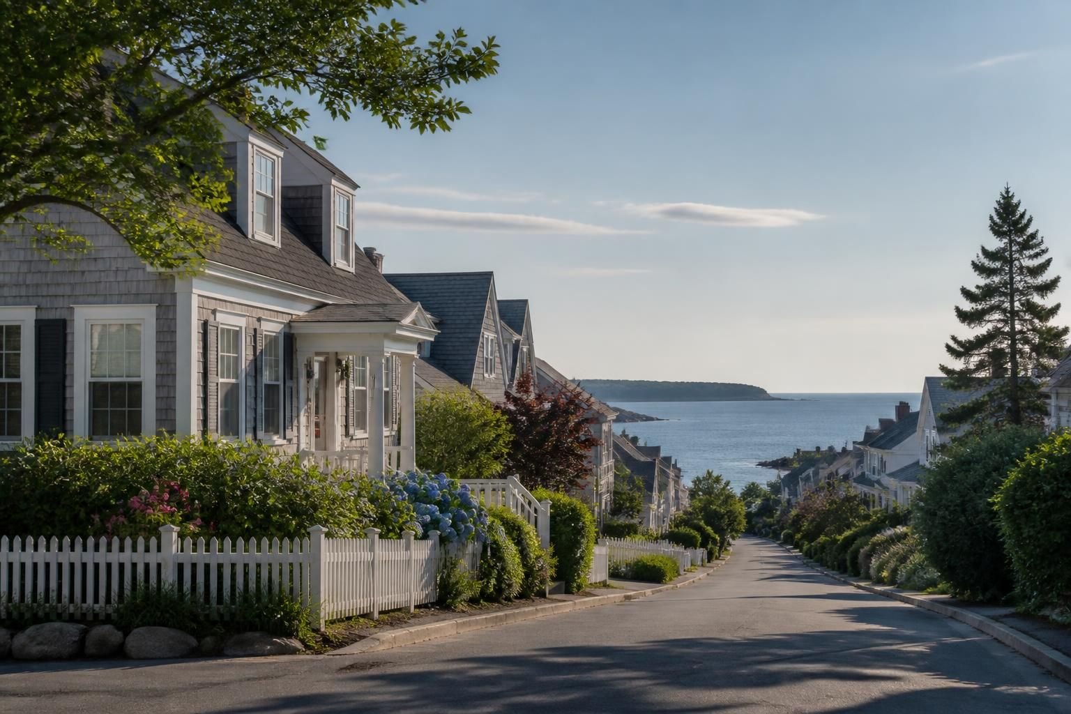 Tidy coastal neighborhood street with calm residential character.