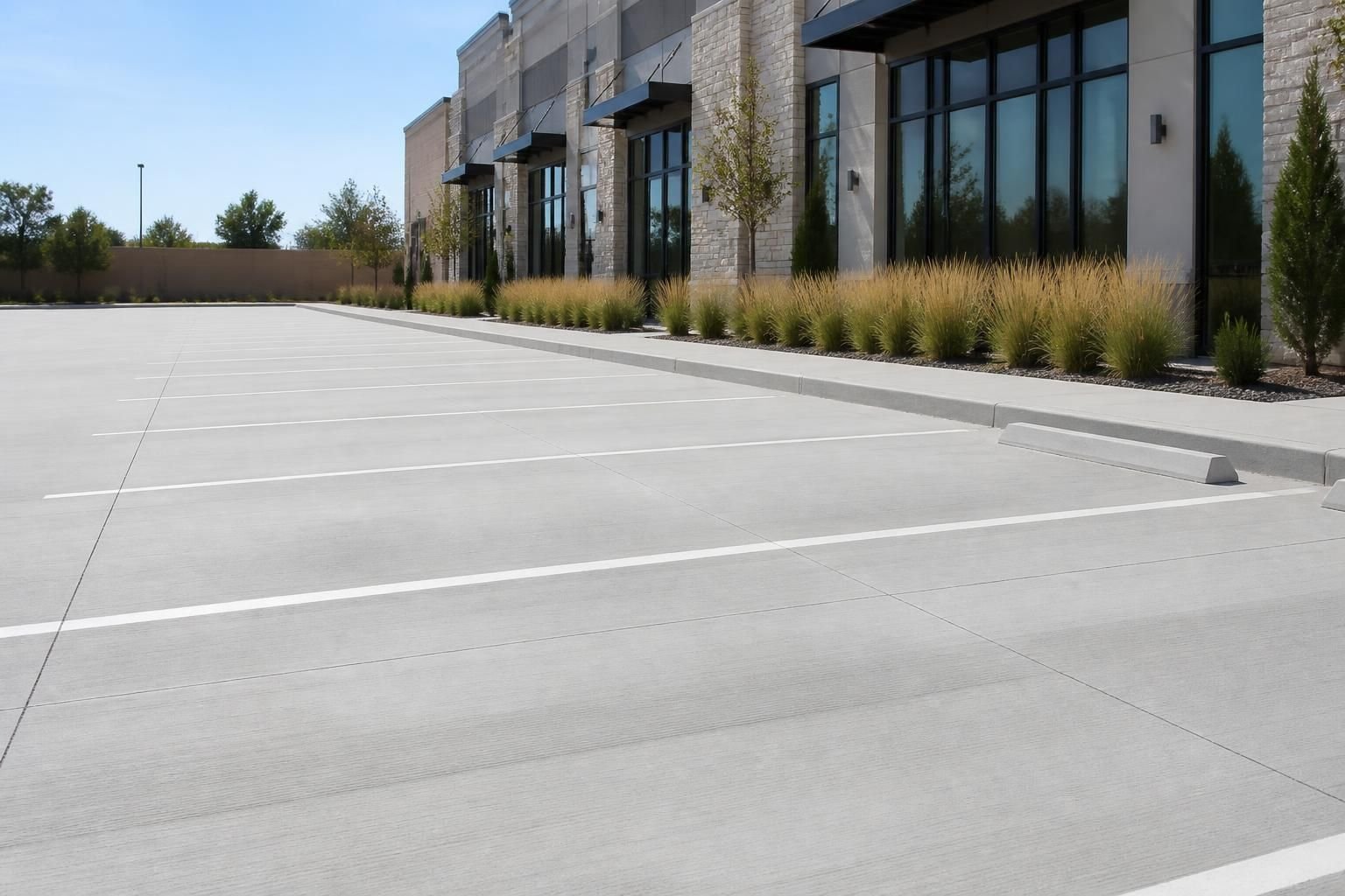 Newly constructed concrete parking lot with crisp paving lines.