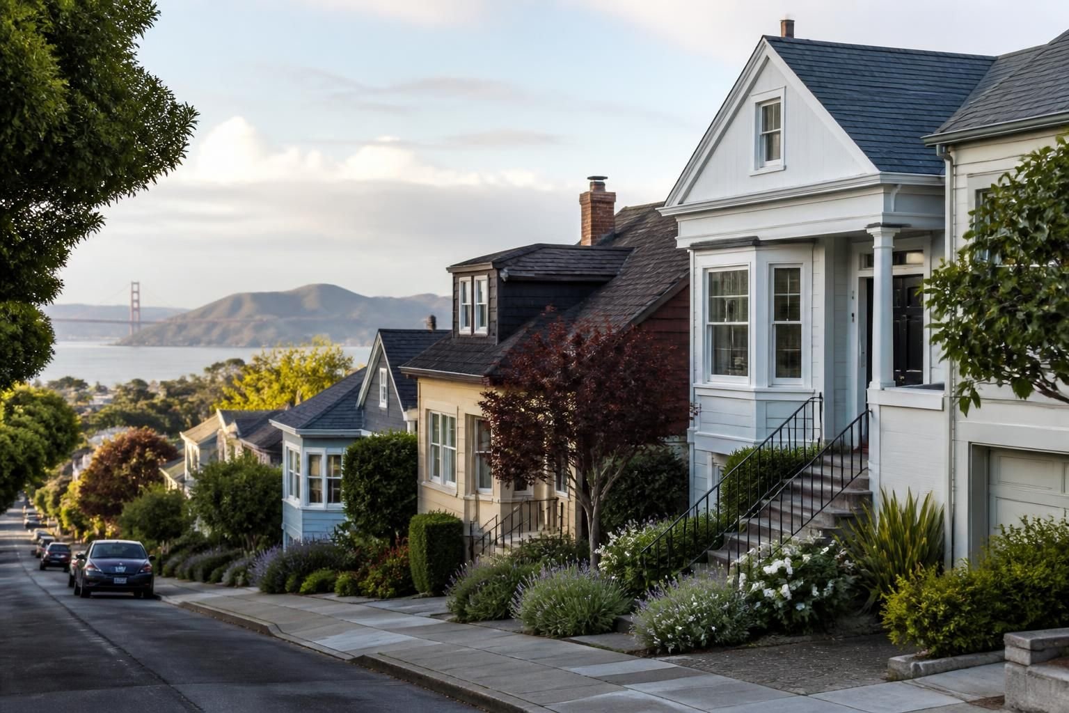 Bay-area neighborhood with neat homes and soft coastal light.