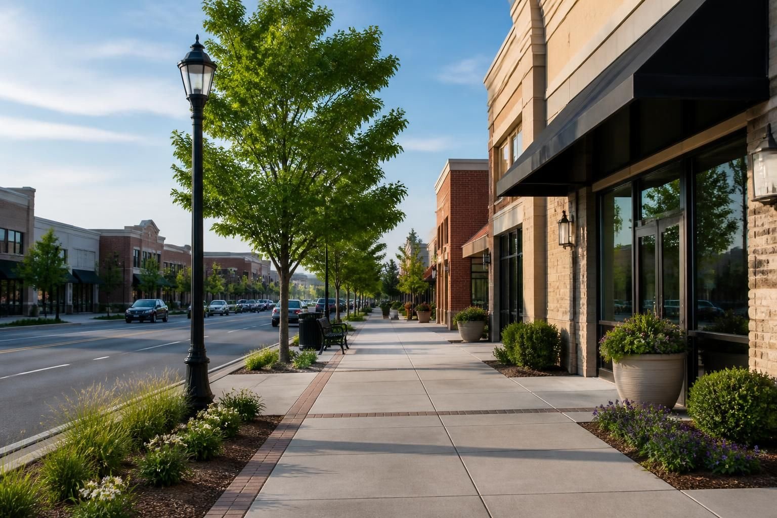 Maintained suburban commercial corridor with clean streetscape.