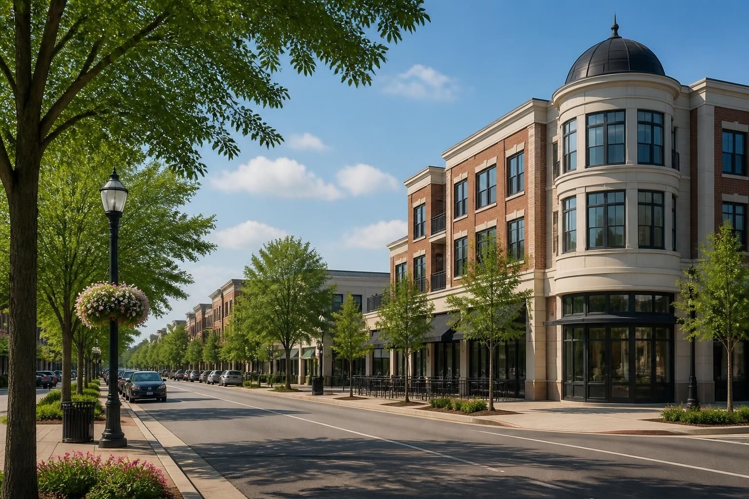 Well-kept suburban district with broad streets.
