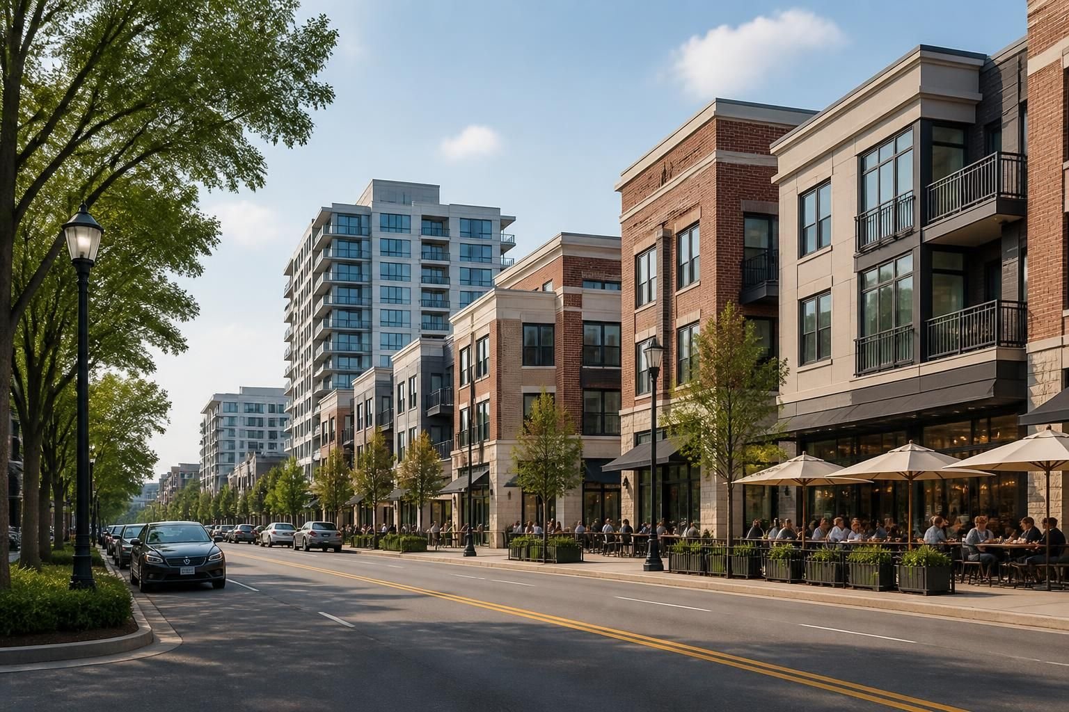 Clean mixed-use streetscape with orderly buildings.